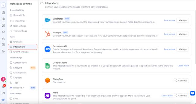 A screenshot of the Integrations page on respond.io