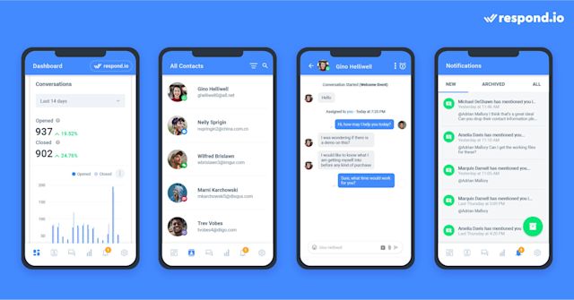 Respond.io mobile app for Facebook Messenger Customer Service.The app has all the features available on the desktop, such as Dashboard, Contacts and Messaging to give agents an effortless messaging experience and the convenience of answering messages wherever they are.Agents will receive a push notification every time they receive a new message or when they are assigned new Contacts, allowing them to stay updated and avoid missing messages.  To get the respond.io app, download it from Google Play Store for Android and Apple App Store for iOS.