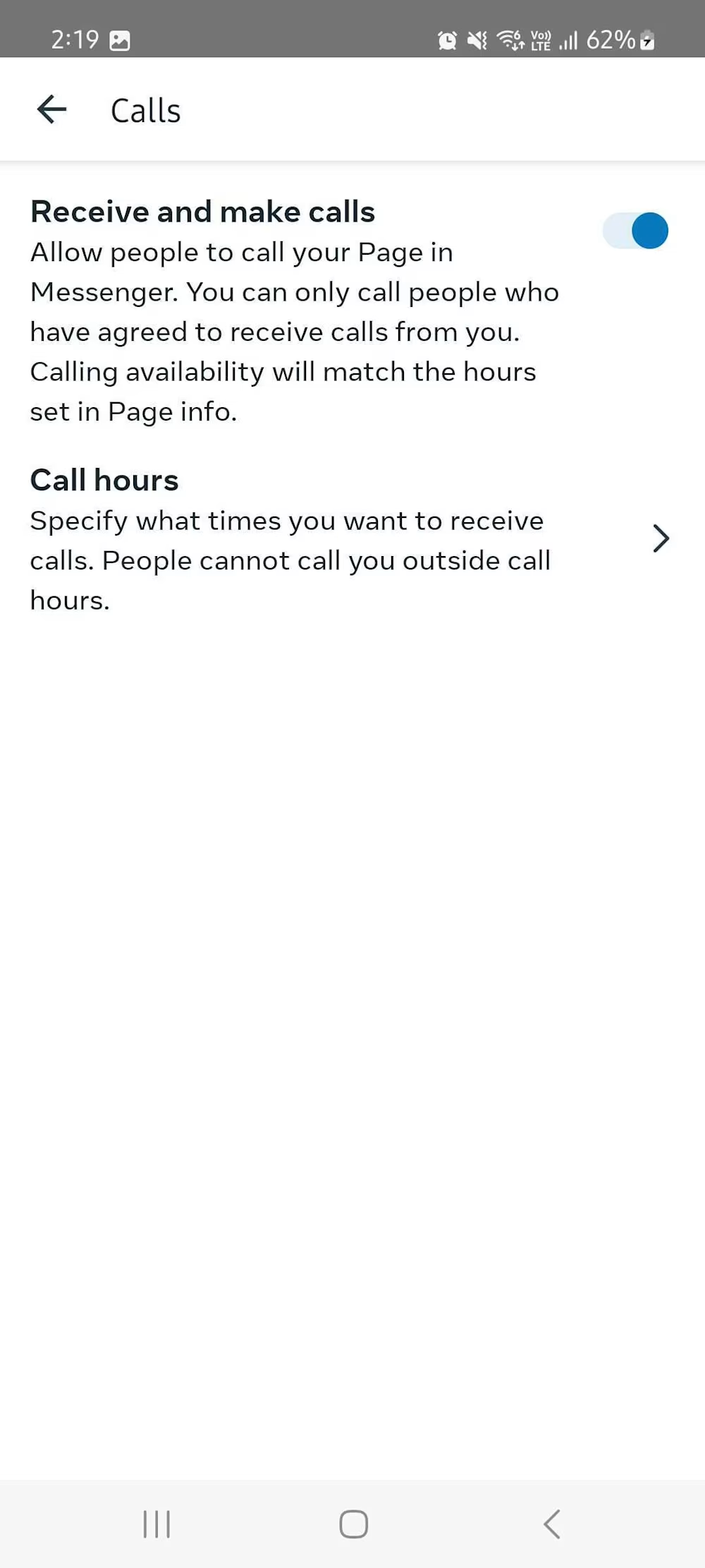 Setting up receiving and making calls along with call hours for Messenger Calls.
