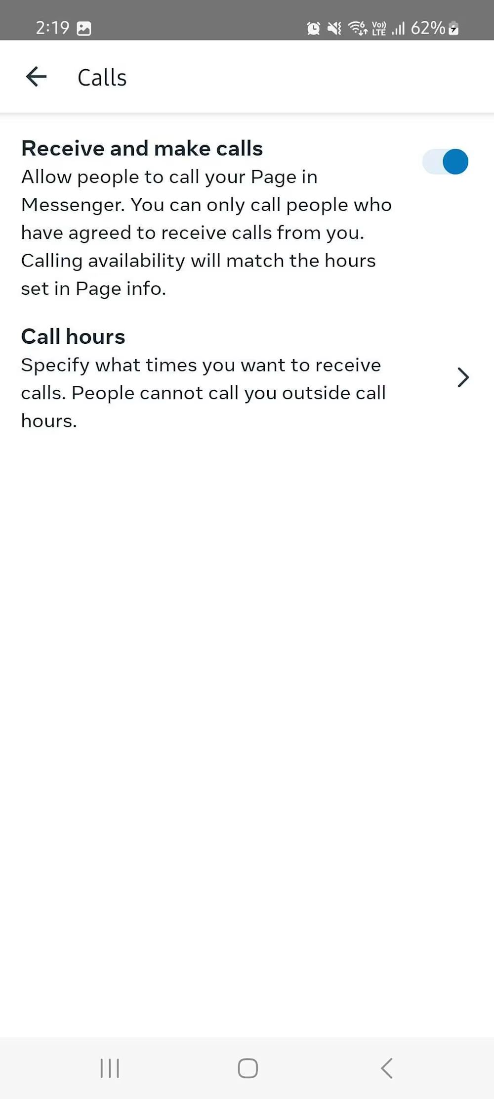 Setting up receiving and making calls along with call hours for Messenger Calls.