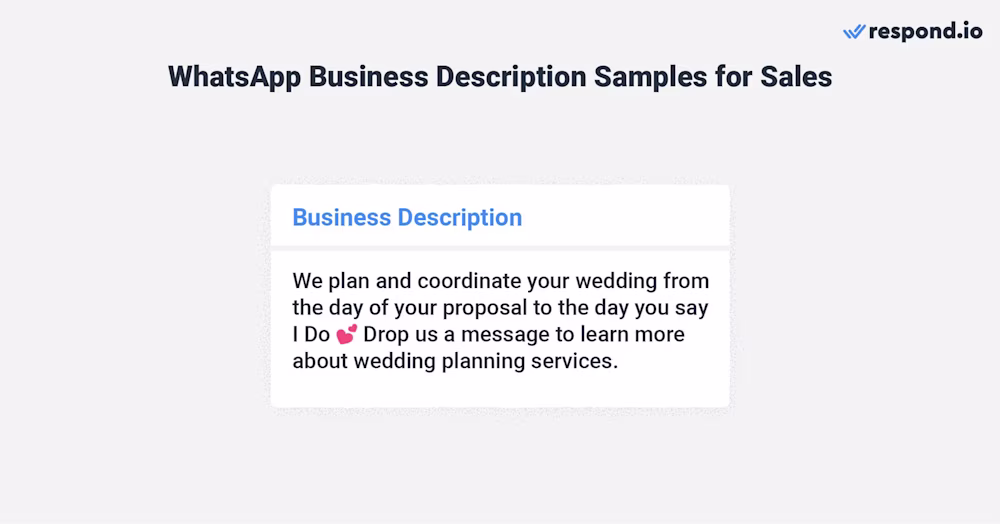 This is an image that describes whatsapp business profile description examples for sales
