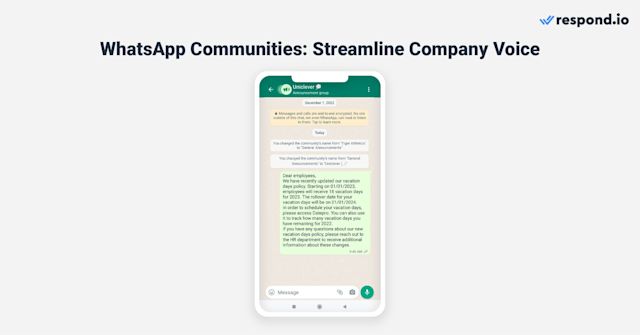 This image shows how to streamline company voice using communities on WhatsApp. Whether you're talking to customers or employees in your Community, everyone stays updated with the same information.