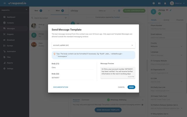 This is an image on how to send a 1:1 Notification from respond.io. Fill in the Placeholders for the template. Use Dynamic Variables to add a personal touch.