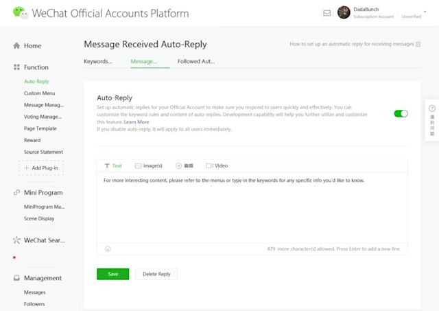 This is a screenshot that shows how to set auto reply on WeChat. To set up Message Received Auto Reply, you need to click auto reply on the left panel, craft your auto reply message and click save.