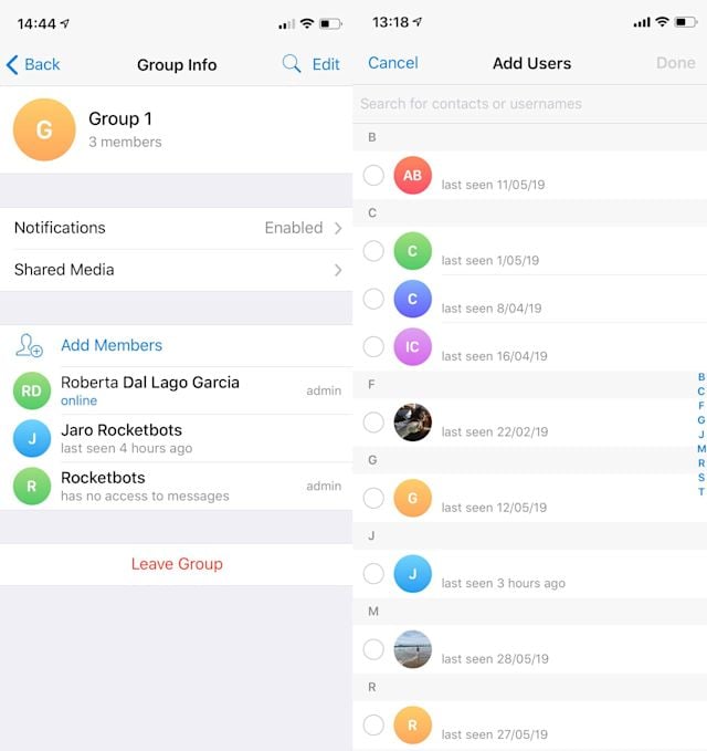 To add phone contacts to Telegram groups navigate to Info > Add Member.