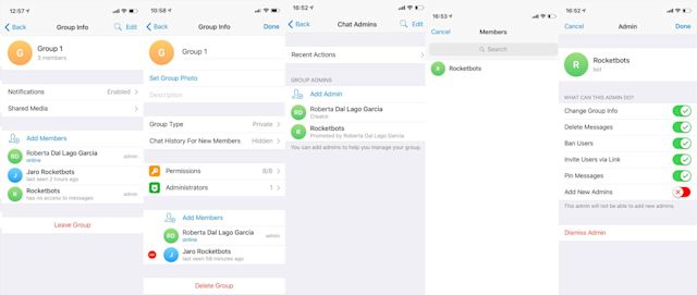 To add an admin to Telegram Groups navigate to Info > Edit > Administrators > Add Admin. To manage Telegram Group admin permissions navigate to Info > Edit > Administrators > Select The Admin > Toggle Permissions.