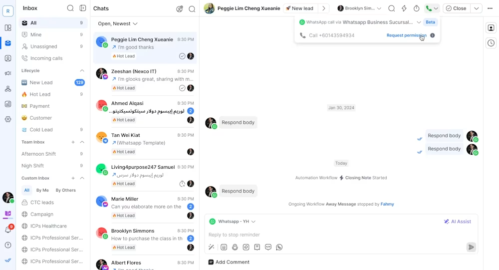 WhatsApp Business Calling API: selecting the request permission button.