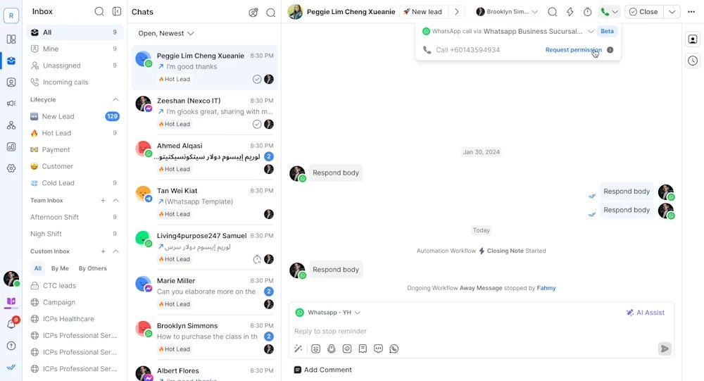 WhatsApp Business Calling API: selecting the request permission button.