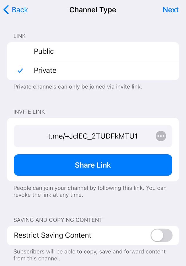 Imagem mostrando que, dependendo do propósito do seu canal do Telegram, selecione Privado ou Público conforme apropriado.