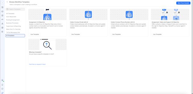 This image shows respond.io's Workflow templates to get started with AI virtual agent