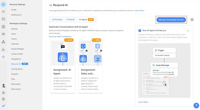 This image shows respond.io's Workflow templates to get started with AI virtual agent