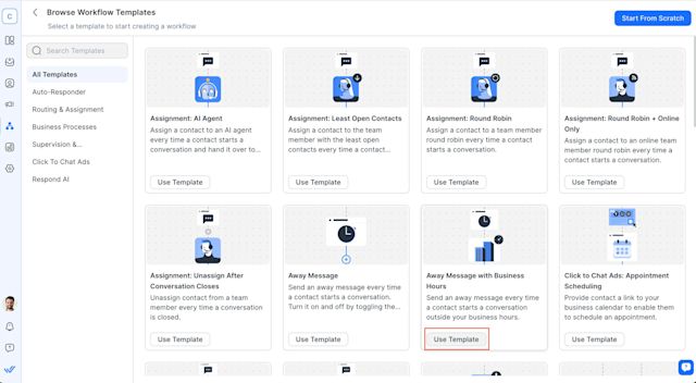 This image shows how to select an Away Message with Business Hours in respond.io