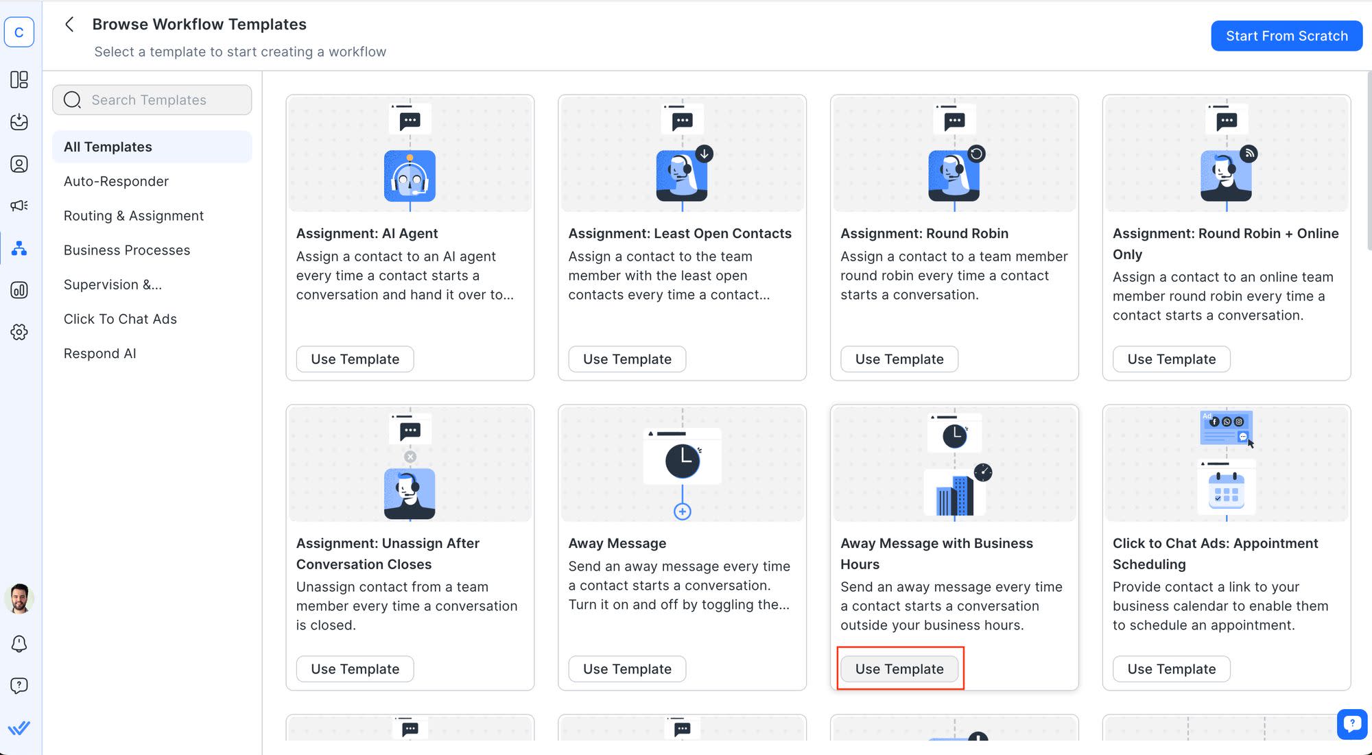 This image shows how to select an Away Message with Business Hours in respond.io