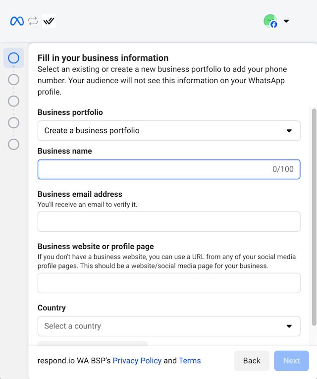 This image shows how to Create a new WhatsApp Business profile