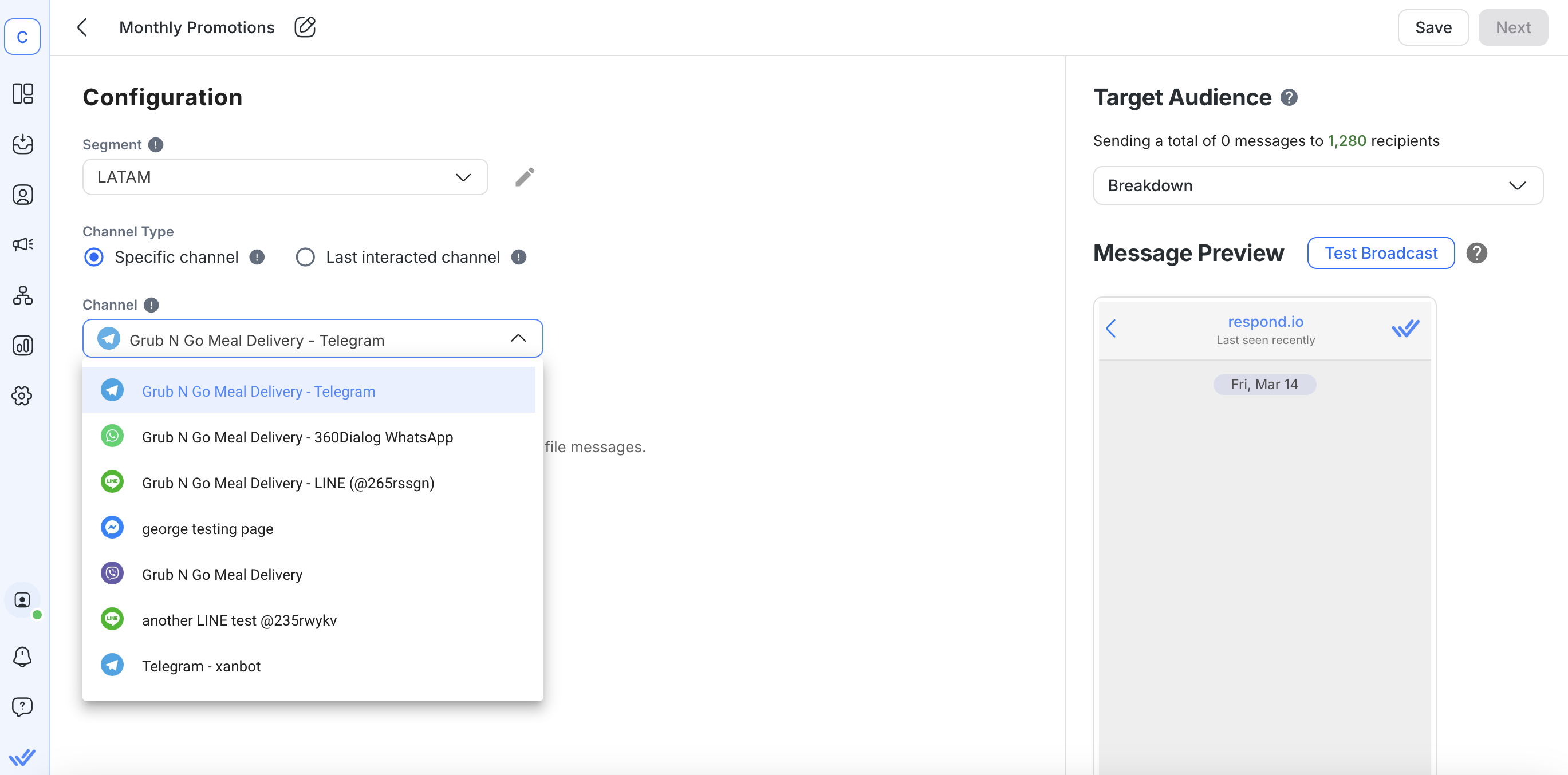 Uno screenshot che mostra i messaggi di trasmissione inviati su più canali