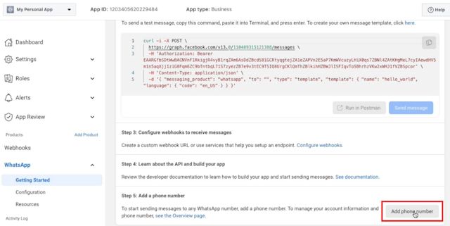 How to connect your phone number with your WhatsApp Cloud API: Click Add Phone Number to connect a phone number to your WhatsApp Cloud API account.