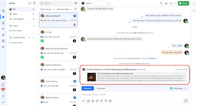 Screenshot showing how to track TikTok ad performance using respond.io's analytics