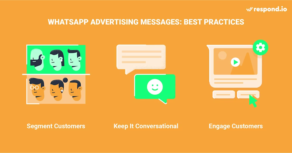 This is an image of best practices to apply if promoting a product, service or special event for customers who are interested in how to advertise on WhatsApp. Best practices include segmenting customers according to interests, keeping the content conversational and engaging customers through interactive and mixed media features.