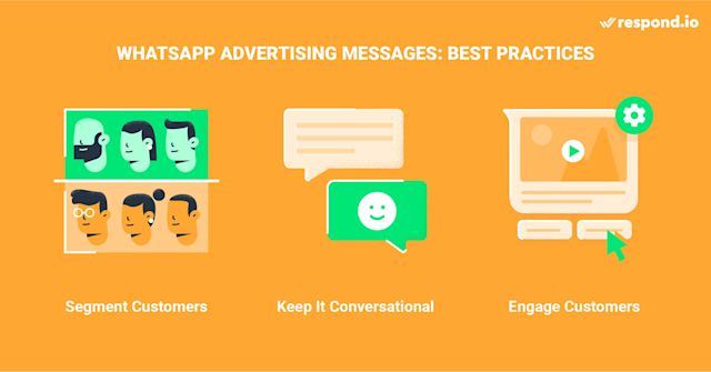 This is an image of best practices to apply if promoting a product, service or special event for customers who are interested in how to advertise on WhatsApp. Best practices include segmenting customers according to interests, keeping the content conversational and engaging customers through interactive and mixed media features.
