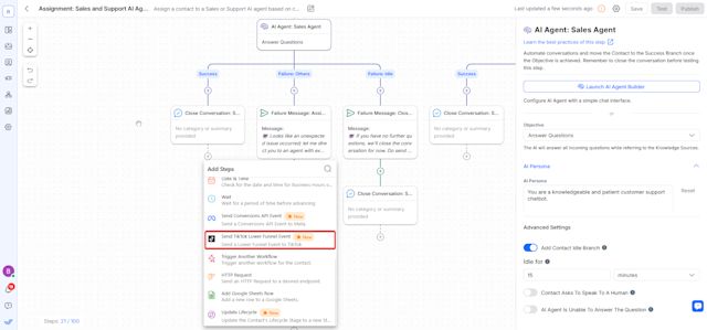 A screenshot guiding users to Add a Send to TikTok Lower Funnel Event 