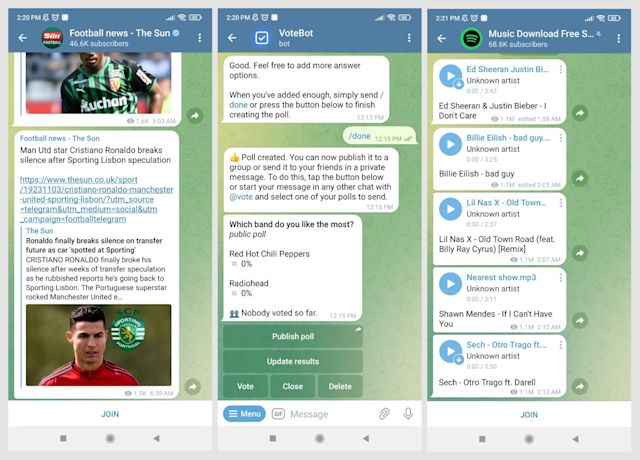 This image shows different types of Telegram bots you can find in the Telegram app, such as football news, poll creator and music downloads