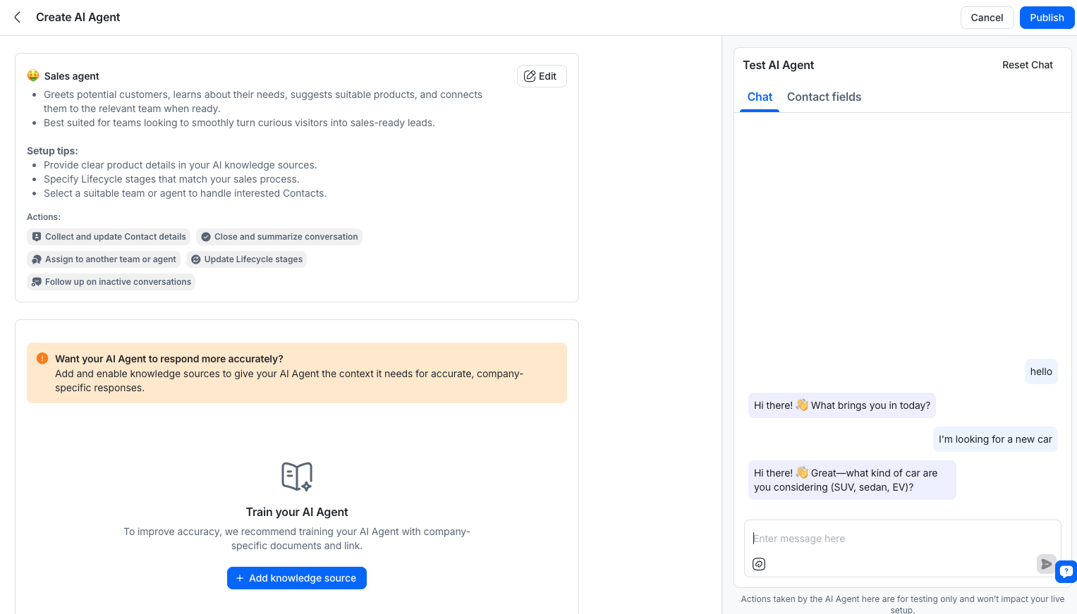 This image shows a screenshot of respond.io's AI Agent