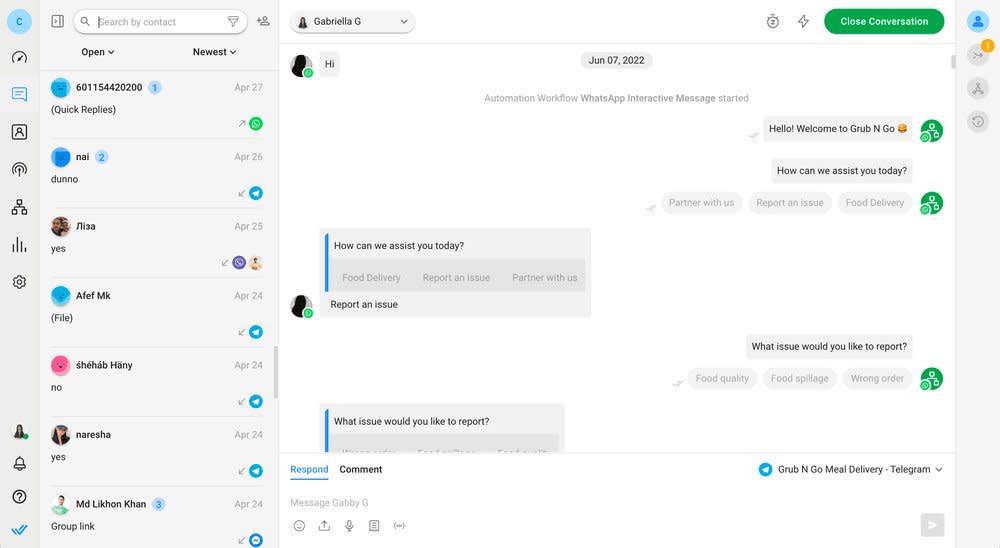 This is a screenshot that shows how you can consolidate all communication channels in an omnichannel inbox. Respond.io's omnichannel inbox provides an efficient solution for managing customer inquiries from WhatsApp, Facebook Messenger, Telegram, Viber, Google Business Messages and custom or in-app messaging channels like Lazada chat. This enables businesses to streamline their communication processes, manage inquiries more efficiently, and respond promptly to customer queries, ultimately enhancing the overall customer experience.