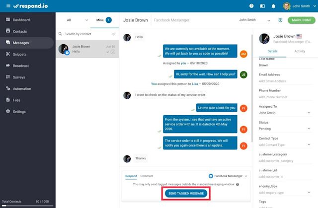 This is an image showing how to use Message Tag on respond.io. First, press Send Tagged Message in the Input Bar. Please note, the button will only appear 7 days after receiving a Facebook message.